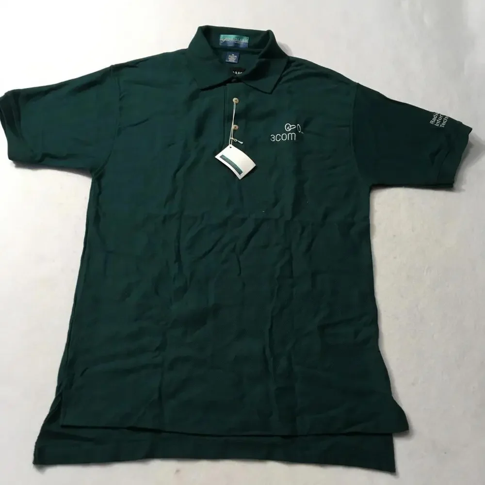 Polo Shirt Green Size Medium Men’s Shirt Button Up 3COM INFORMATION EMBROIDERED - Picture 1 of 12